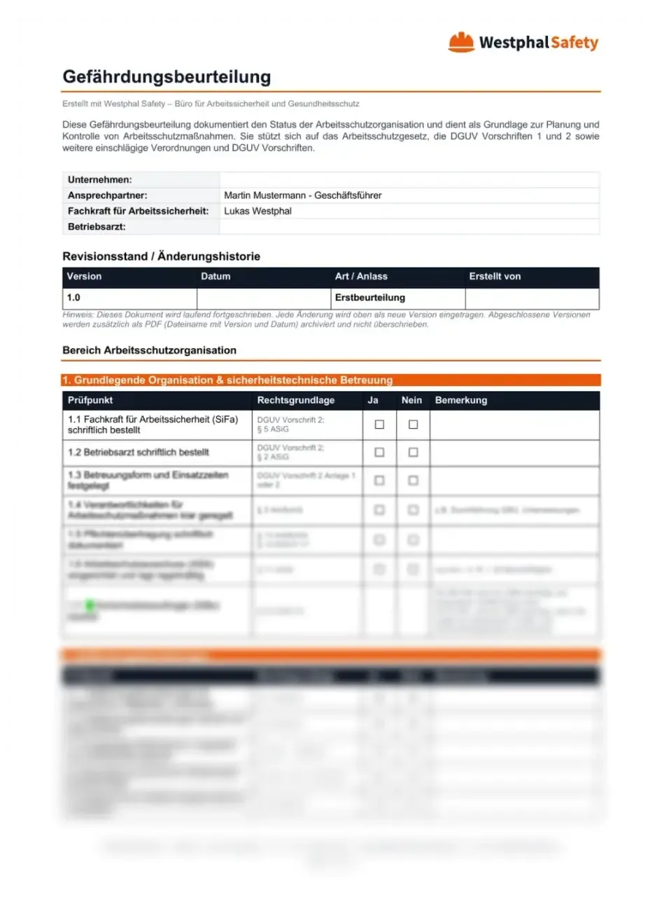 Erste Seite einer Gefährdungsbeurteilung von Westphal Safety mit Prüfpunkten und Rechtsgrundlagen