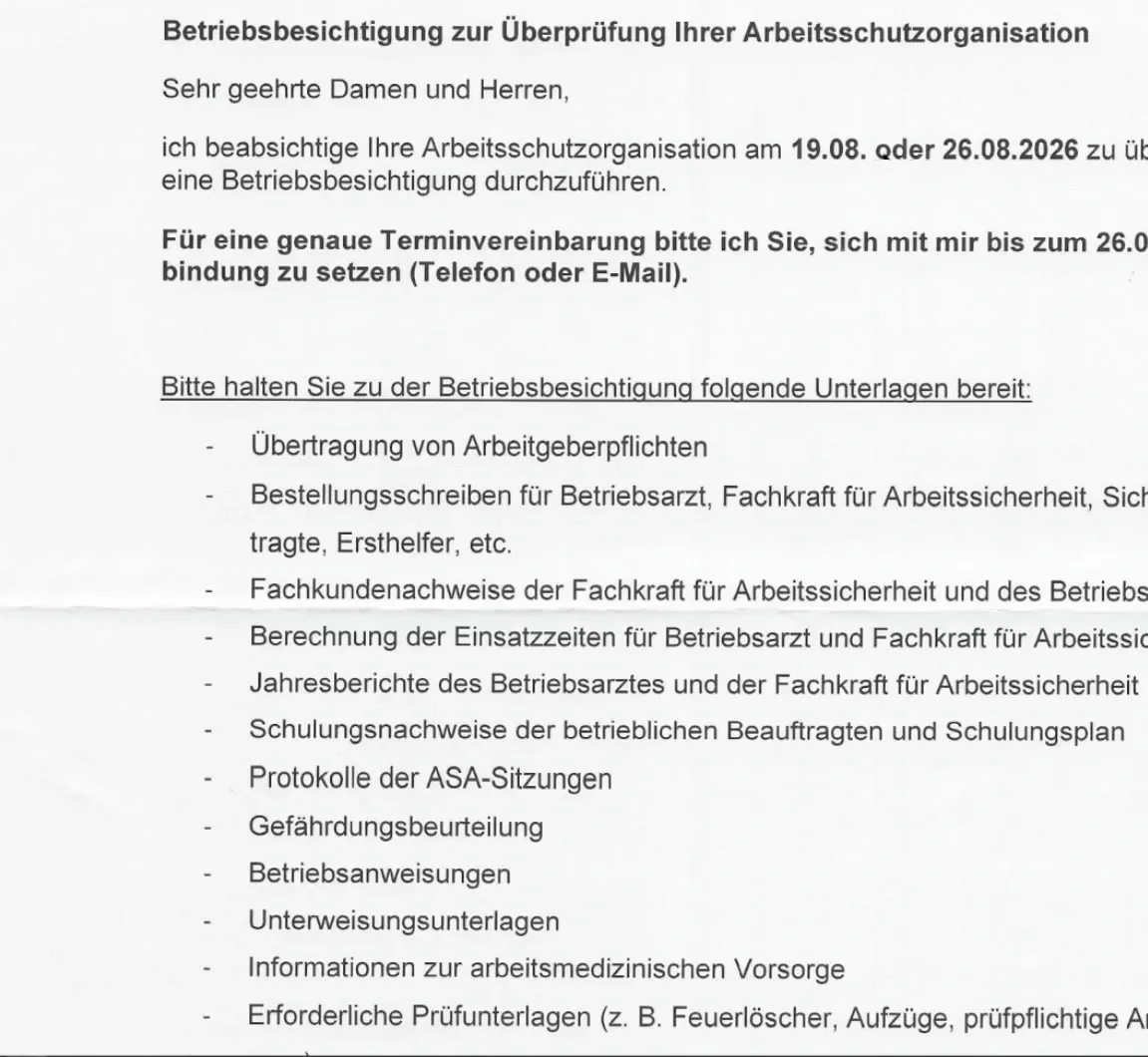 Schreiben einer Berufsgenossenschaft, das eine Betriebsbesichtigung ankündigt und die dafür bereitzuhaltenden Unterlagen auflistet