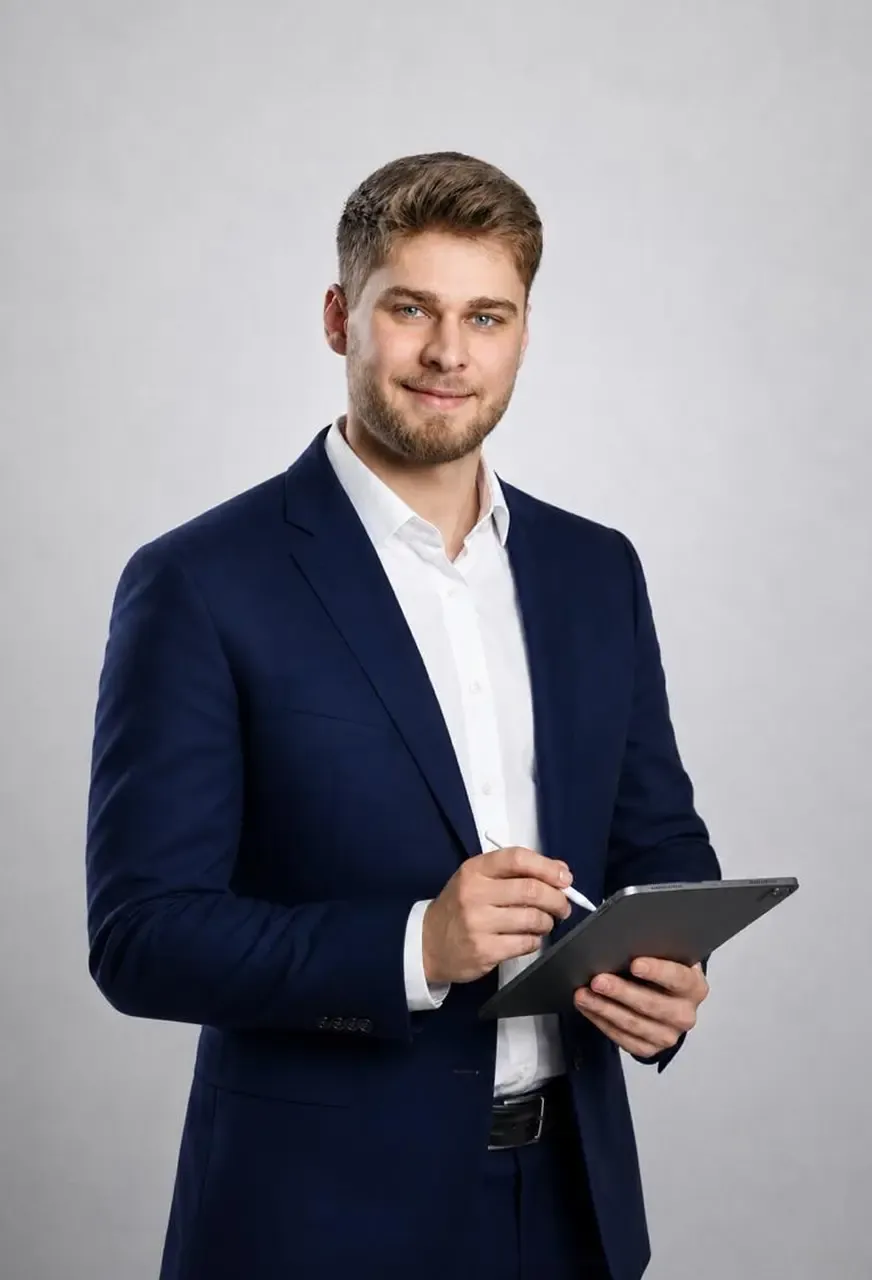 Lukas Westphal im Sakko, mit Tablet in der Hand