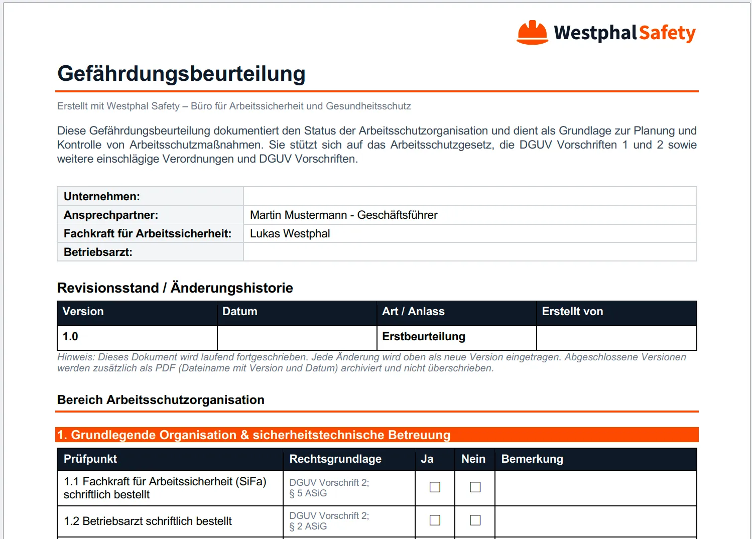 Erste Seite einer Gefährdungsbeurteilung von Westphal Safety mit Prüfpunkten und Rechtsgrundlagen